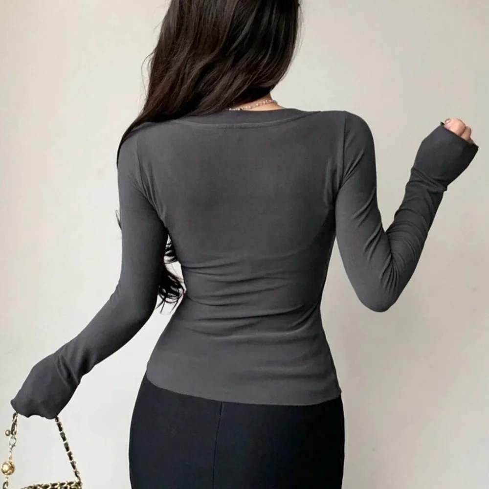Women's Gray Long Sleeve Top with Bow Accents - Picture 2 of 5